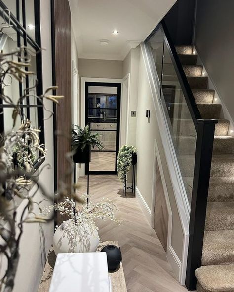 Upstairs Hallway Window Ideas, Hallway Ideas Glass Stairs, Glass Doors Hallway, Black Doors On Landing, Modern Home Hallway, Cream Herringbone Floor, Hallway Ideas With Stairs, Hallway Inspo Entrance, Hallway Designs Entrance