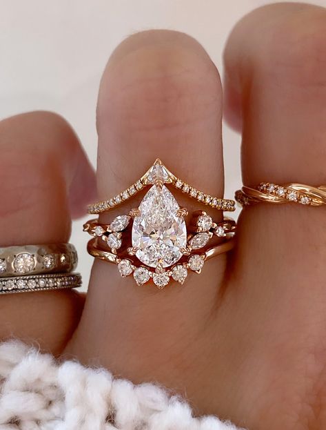 caption:Shown with 1.5ct pear diamond in 14k rose gold Wedding Band For Odd Shaped Engagement Ring, Vintage Gold Wedding Ring Set, Pear Engagement Ring With Crown Band, Brooklyn And Bailey Engagement Ring, 3 Ring Stack, Bohemian Style Engagement Ring, Ring Stacking Ideas Wedding Bands Gold, Cowgirl Wedding Rings, Boho Wedding Ring Set