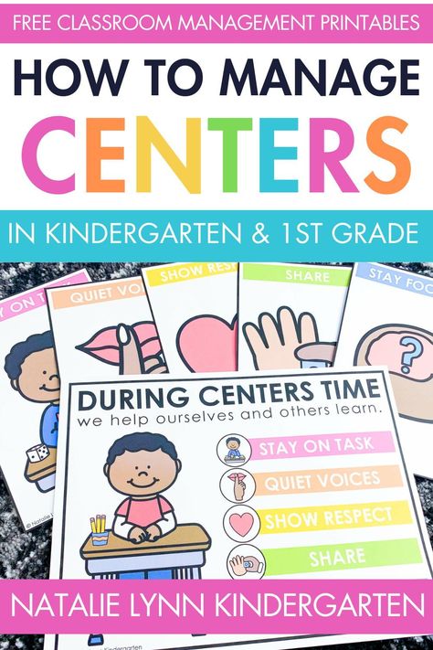 Are you starting centers in kindergarten or first grade? Learn how to manage the chaos of centers and make centers the best part of the day in your kindergarten or first grade classroom here. This blog post is full of classroom management tips for centers and free centers classroom management resources to make math and literacy centers a success. Learn how to start centers, introduce and teach expectations for centers, and what to do when students finish centers early in your classroom. First Grade Stations Literacy Centers, Center Expectations Anchor Chart, September Centers Kindergarten, Kindergarten Center Organization, Independent Kindergarten Centers, First Grade Ela Centers, Free Flowing Centers Kindergarten, Center Storage Ideas Classroom, Must Do May Do Centers Kindergarten