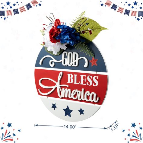 "Find the Glitzhome® 14\" God Bless America Round Sign at Michaels. com. Show off your patriotic pride by adding this accent to your décor. Show off your patriotic pride by adding this accent to your décor. It's ideal for displaying July 4th. Details: Red, white, and blue 14\" x 3.25\" x 14\" MDF and plywood No assembly required For indoor and covered porch use | Glitzhome® 14\" God Bless America Round Sign | 14\" x 3.25\" x 14\" | Michaels®" Patriotic Door Hanger, Bold Words, Patriotic Sign, Door Signs Diy, Fourth Of July Decor, Door Murals, Round Door, 4th Of July Decorations, Patriotic Decorations