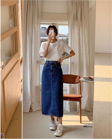 Envy Look Monica Denim Long Skirt | Denim for Women | KOODING | Moda discreta, Moda envangelica, Saias Summer Outfit Ideas Korean, Korean Fashion 2023 Summer, Korean Clothing Style Summer, Korean Fashion For Summer, Korean Style Inspiration, Long Maong Skirt Outfit, Korean Fashion Skirt Long, Korean Style Skirt Outfit, Korean Outfit With Skirt