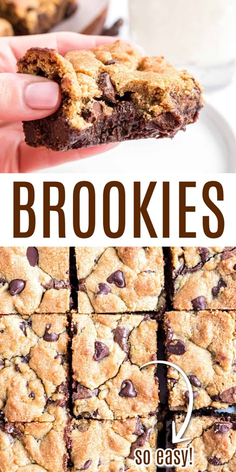 Is it a cookie? A brownie? These giant Brookies are both! This recipe takes gooey chocolate chip cookies and marries them to fudgy brownies for the ultimate treat! Homemade Brookie Recipe, Chocolate Chip Cookie Desserts Ideas, Air Fryer Brookies, How To Make A Brookie, Brookies Recipes Easy, Homade Desserts Recipes Easy, Easy Brownie Cookie Recipes, How To Make Brookies, Easy Brookie Recipe