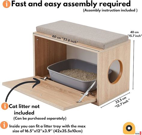 Versatile Cat Litter Box Enclosure 23.6'' (60cm) Wide, Hidden Cat Furniture & Dog House Indoor with Side Entry, Sonoma Oak Beige Entryway Bench with Cushion on Top : Amazon.co.uk: Pet Supplies Beige Entryway, Dog House Indoor, Stylish Entryway, Bench With Cushion, Cat Litter Box Enclosure, Cat Litter Tray, Litter Box Furniture, Litter Box Enclosure, Box Furniture