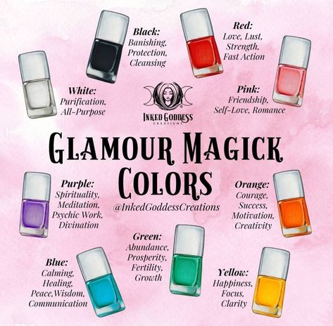 Nail Polish Color Magick, Nail Color Magick, Nail Polish Color Meaning Witch, Nail Color Meaning Witchcraft, Nail Magic Witch, Color Magic Witchcraft Nails, Witchy Nail Colors, Glamour Magick Colors, Manifesting With Colored Ink