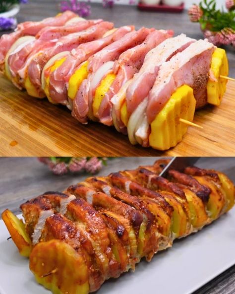 Pork and Potato Skewers with Honey Mustard Glaze - Greenku Recipes Pork Skewers, Honey Mustard Glaze, Seasoned Potatoes, Skewer Recipes, Honey Mustard Sauce, Baked Pork, Chops Recipe, Oreo Cheesecake, Pork Dishes