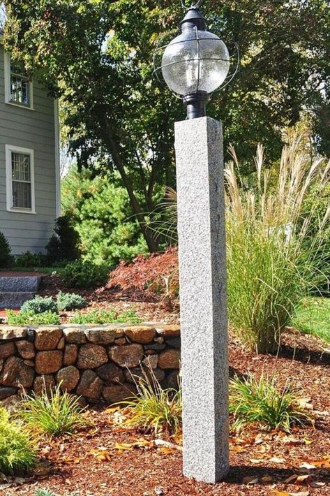 Backyard Hardscape, Granite Blocks, Outdoor Lamp Posts, Lamp Posts, Light Post, Coach Lights, Hardscape Design, Mailbox Post, Lantern Post