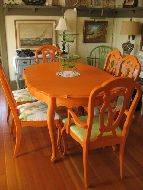 Colorful Painted Dining Table Inspiration - Addicted 2 Decorating® Colorful Kitchen Tables, Orange Dining Room Chairs, Rustic Dining Room Sets, Orange Dining Room, Painted Kitchen Tables, Painted Dining Table, Orange Furniture, Dining Room Furniture Sets, Dining Room Dimensions