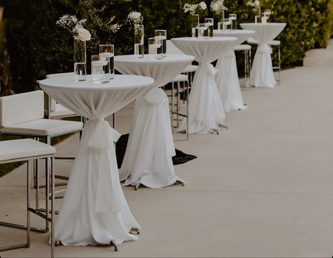 Ceremony Site Decor, Modern Wedding Cocktail Hour, End Of Row Wedding Decorations, High Top Wedding Tables, Modern Minimalist Table Setting Wedding, Cocktail Wedding Styling, Black And White Wedding Cocktail Hour, Wedding Cocktail Hour Table Decor, Wedding High Top Tables