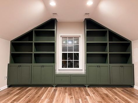 Built In Shelving Bonus Room, Bonus Room Above Garage Storage Ideas, Bookshelves Attic Built Ins, Built Ins Bonus Room, Closet In Bonus Room Above Garage, Built In On Angled Wall, Bookshelves With Angled Ceiling, Bonus Room Shelving, Built In Bonus Room