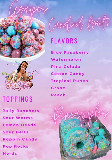 Veronica Rodriguez Candy Fruit Price List, Candied Grapes Jolly Rancher Recipe, Candied Fruit Business, Candied Grapes Business, Jolly Rancher Candy Grapes, Candy Grapes Jolly Rancher, Sour Worms, Candied Grapes, Candied Fruit Recipes