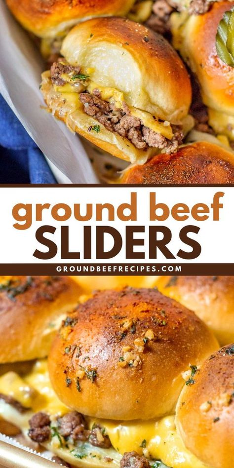 An easy dinner recipe in just 30 minutes! You can't go wrong with these hamburger sliders that are cheesy and hearty. These ground beef sliders for a crowd are also a simple appetizer to serve at your next party! Cheesy Sliders, Sliders For A Crowd, Sliders Recipes Hamburger, Ground Beef Burger Recipe, Hamburger Dinner Ideas, Ground Beef Sliders, Hamburger Sliders, Beef Sandwich Recipes, Burger Recipes Beef