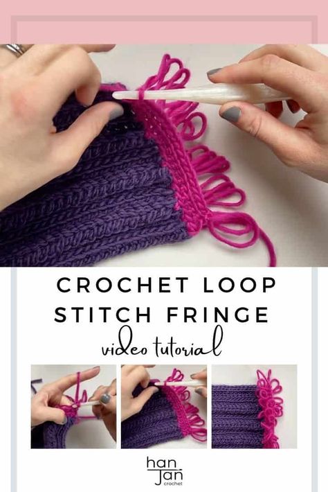 Learn how to work a crochet loop stitch in this easy video tutorial from HanJan Crochet. Including a section on how to create an easy crochet fringe, this technique is great for adding texture and fun to your crochet blankets and garments. #crochetloopstitch #crochetfringe #learntocrochet Crochet Loop Stitch, Crochet Stitches Uk, Crochet Loop, Loop Stitch, Different Crochet Stitches, Aran Weight Yarn, Crochet Fringe, Stitch Tutorial, Crochet Stitches For Beginners