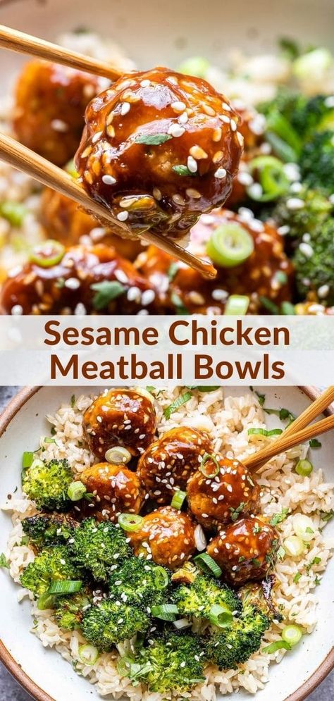 Sesame Turkey Meatballs, What To Serve Meatballs With, Meatball And Broccoli Recipe, Balanced Weeknight Dinner, Chicken Meatball And Rice, Turkey Meatball Rice Bowl, Chicken Meatball Rice Bowl, Healthy Chicken Meatball Dinner, Meat Ball And Rice Recipes