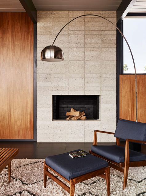 Mid Century Modern Fireplace, Mid Century Fireplace, Modern Living Room Lighting, Eichler Homes, Midcentury Home, Black Brick, Mid Century Modern Living, Mid Century Modern Interiors, Mid Century Modern Living Room