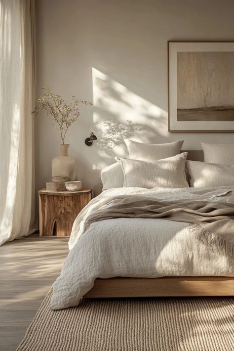 Room Inspo Neutral Colors, Comfy Minimalist Bedroom, Minimalist Zen Bedroom, Boho Chic Bedroom Ideas, Zen Bedroom Design, Chic Bedroom Ideas, Minimalistic Bedroom, Zen Bedroom Ideas, Organic Bedroom