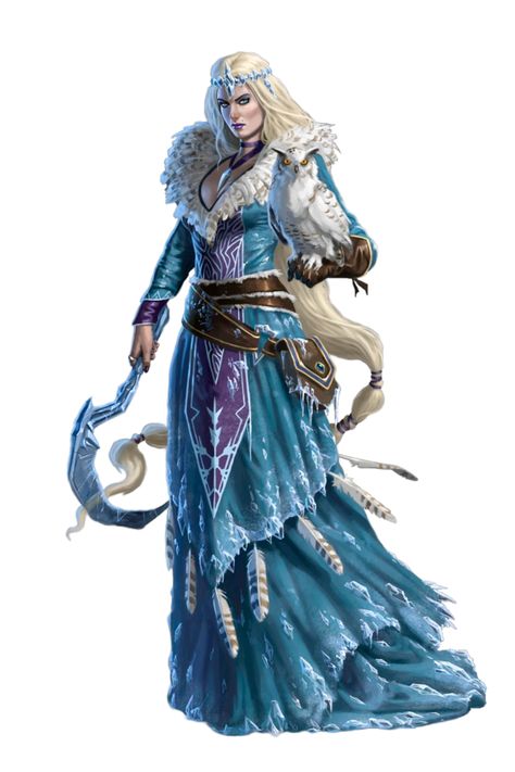 Female Ice Witch with Owl Familiar - Nazhena Vasilliovna - Pathfinder PFRPG DND D&D 3.5 5E 5th ed d20 fantasy Ice Druid Dnd, Ice Mage Art, Ice Witch Character Design, Fantasy Ice Power, Ice Mage, Ice Witch, Fantasy Magic, Jaime Lannister, Heroic Fantasy