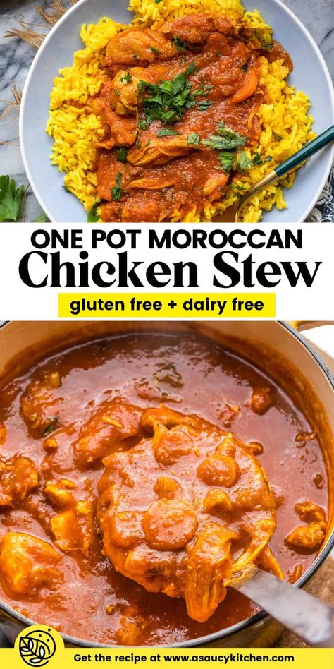 Make room on your table for this hearty and healthy, one pot Moroccan Chicken Stew! It's made with fragrant spices, tender chicken thighs, aromatic veggies and chopped dates. | Gluten Free + Dairy Free + Grain Free Chicken Stew Dairy Free, Healthy Fall Recipes Dairy Free, Slow Cooker Spanish Chicken Stew, Curry Stew Chicken, Moroccan Instant Pot Recipes, Moroccan Chicken Stew Recipe, Paprika Chicken Stew, Moroccan Chicken And Couscous Recipes, Moroccan Chicken Soup