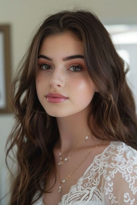 Soft Glam Sweet 16 Makeup, Subtle Makeup For Prom, Light Makeup For Wedding Guest, Light Makeup Ideas Natural, Settle Makeup Looks, Soft Glam Neutral Makeup, Graduation Light Makeup, Airy Makeup Looks, Minimal Prom Makeup