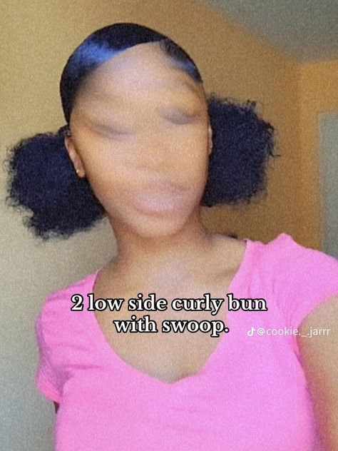 Two Puff With Swoop, Two Buns And A Swoop, 4c 2 Puff Hairstyles, Hairstyles In Two Puffs, Two Low Buns With Swoop Natural Hair, Two Puffs Natural Hair Hairstyles Short, Swoop Two Buns, Swoop Natural Hairstyles, 2 Puff Hairstyles