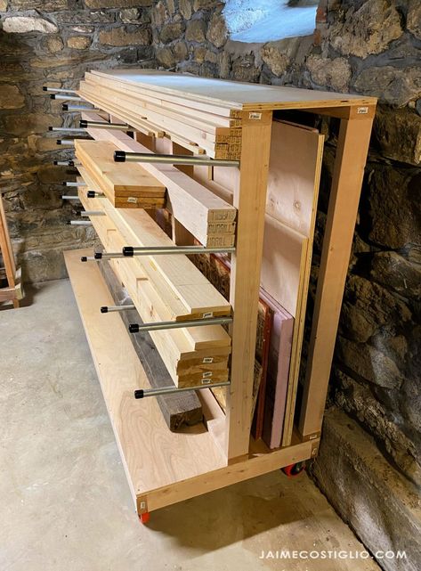 A DIY tutorial to build a lumber rack including plans. Make this movable lumber storage rack to house full sheets and boards. #freeplans Officine In Garage, Pallet Deck Diy, Rangement Art, Lumber Storage Rack, Plywood Storage, Lumber Rack, Wood Storage Rack, Lumber Storage, Woodworking Shop Layout