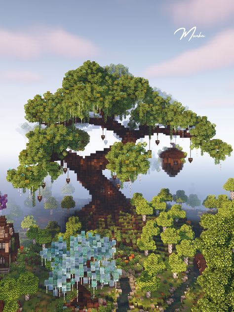 World Tree Minecraft, Ancient Tree Minecraft, Goth Minecraft Bridge, Minecraft Fantasy City Ideas, Minecraft Massive Tree, Tree Of Life Minecraft, Minecraft Willow Tree Design, Enchanted Tree Minecraft, Large Custom Tree Minecraft