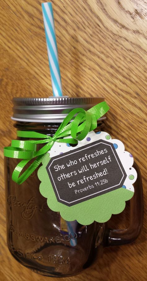 She who refreshes others will herself be refreshed - drinking mug - you can add their favorite drink mix singles packet - Secret Sister gift idea Ladies Ministry Gifts, Secret Pals Gift Ideas, Secret Sister Ideas For Women, Diy Secret Sister Gift Ideas, Secret Sisters Gift Ideas, Christian Secret Sister Gifts, Secret Sister Easter Gift Ideas, Secret Sister Note Ideas, Women Retreat Gift Ideas