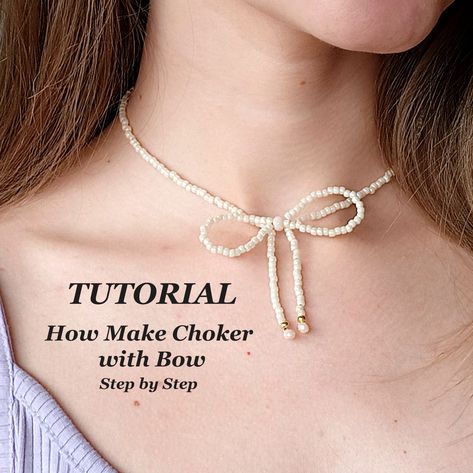 Beaded Bow Necklace Tutorial, Beaded Bow Tutorial, Bow Necklace Tutorial, Bow Necklace Diy, Bow Step By Step, Beaded Bow Necklace, Coquette Necklace, Diy Necklaces Tutorial, Beaded Bow