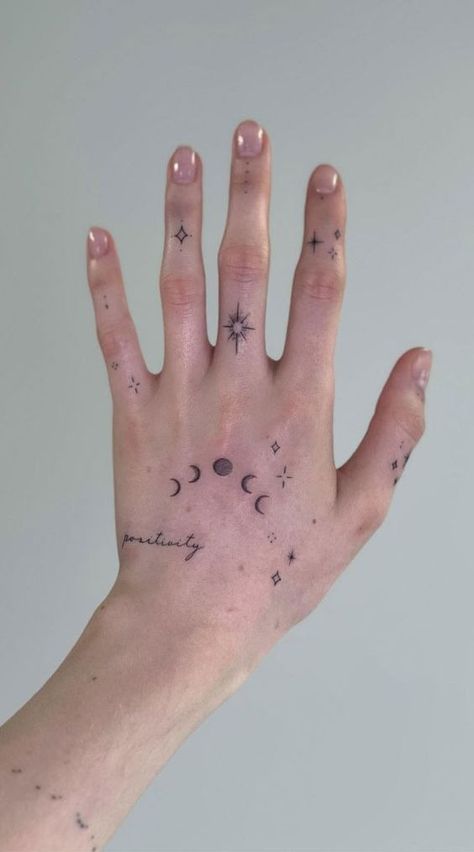 Stars And Moon Hand Tattoo, Stars Hand Tattoos For Women, Moon And Star Hand Tattoo, Left Right Hand Tattoo, Planet Hand Tattoo, Miningful Tattoo, Intricate Hand Tattoo, Faded Hand Tattoos, Hand Star Tattoos For Women