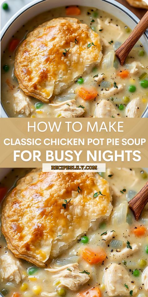 This Chicken Pot Pie Soup is a warm, hearty meal packed with chicken, potatoes, carrots, and celery in a creamy broth. Perfect for a quick dinner! Chicken Pot Pie Leftover Chicken, Best Chicken Pot Pie Soup Recipe, Chicken Pie Soup Recipe, Quick Homemade Soup Recipes, Crock Pot Chicken Recipes Soup, Easy Crockpot Dinners Soup, Chicken Pot Pie Soup Southern Living, Fall Soup With Chicken, Creamy Pot Pie Soup