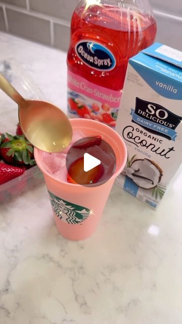 Kristen Fussell on Instagram: "Shoutout to @oliviamaybell for sharing this at home pink drink!! Saw her make it and HAD to try🍓🥥🩷 SO YUM & pretty sure I like it better than the actual restaurant! Also… free refills 😜

3:4 white cran-strawberry juice 
1:4 vanilla coconut milk
fresh strawberries 
ice 
Starbucks cup to make it official 💁🏼‍♀️

#pinkdrink #pinkdrinkstarbucks #starbucksathome" White Cran Strawberry Drink, Pink Drink At Home Recipe, At Home Pink Drink, At Home Starbucks Drinks, Drinking Recipes, Pink Drink Starbucks, Coconut Milk Drink, Pink Drink Recipes, Valentine Sweets