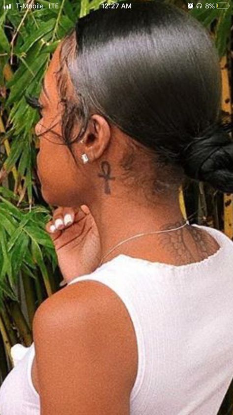 Black Women Collar Bone Tattoo, Black Women Small Tattoos Ideas, Tattoos Behind The Ear Black Women, Anhk Tattoos Behind Ear, Small Hidden Tattoos Black Women, Ankh Behind Ear Tattoo, Small Unique Tattoos Black Women, Ank Tattoo Black Women, Small Cute Neck Tattoos