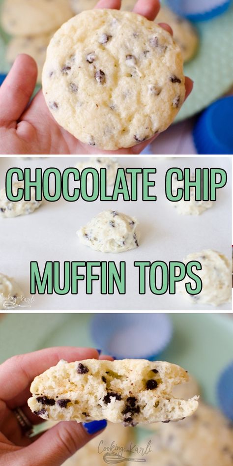 Chocolate Chip Muffin Tops are what I like to call Muffin Cookies. They are scooped and baked like cookies but have the taste and texture of muffins. Light, fluffy and full of mini chocolate chips. These are perfect for brunch or dessert! |Cooking with Karli| #muffins #cookies #muffintops #chocolatechip #brunch #breakfast Banana Muffin Tops Recipe, Chocolate Chip Muffin Tops, Muffin Top Recipes, Muffin Cookies, Muffin Top Pan, Chocolate Chip Muffin, Cooking With Karli, Muffin Tops, Awesome Recipes