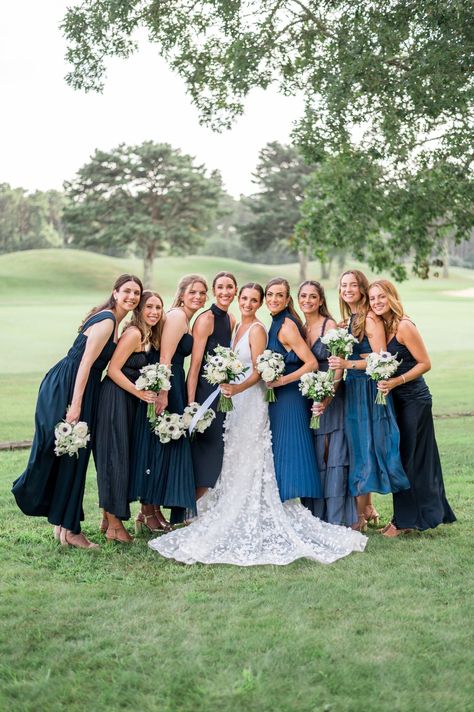 Shades Of Navy Bridesmaid Dresses, Mismatch Navy Bridesmaid Dresses, Twilight Blue Wedding Party, All Blue Bridal Party, Navy Mix And Match Bridesmaid Dresses, Dark Blue Mismatched Bridesmaids, Navy Wedding Bridesmaid Dresses, Navy Wedding Party Attire, Dark Blue Bridal Party