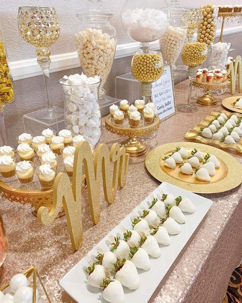 Engagment Dessert Ideas, Wedding Dessert Table White And Gold, Dessert Table Wedding Vintage, White And Gold Sweets Table, White And Gold Food Display, Engagement Dessert Table Ideas, 50th Anniversary Dessert Table, White Dessert Table Ideas, Wedding Anniversary Dessert Table