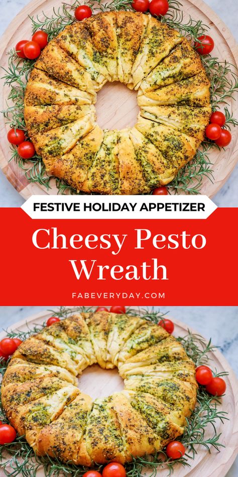 Cheesy Pesto Wreath (crescent roll wreath recipe) - Fab Everyday Pesto Wreath, Crescent Roll Wreath, Wreath Appetizer, Food Wreath, Pesto Appetizers, Christmas Eve Appetizers, Crescent Roll Appetizers, Wreath Recipe, Roll Wreath