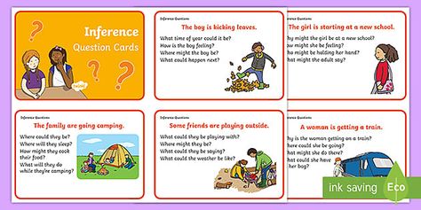 Teach your students how to draw their own conclusions with these Inference Picture and Question Cards.Each one of the cards shows a picture with questions that prompt your child to draw their own conclusions. The PDF task cards can be used in English to help children understand contextual clues, inferred information and the process of drawing conclusions.Task cards (PDF) are printable and perfect for primary children. Inference Pictures, Comprehension Games, Picture Prompt, Cards Drawing, Guided Reading Activities, Critical Reading, Making Inferences, Drawing Conclusions, Picture Prompts