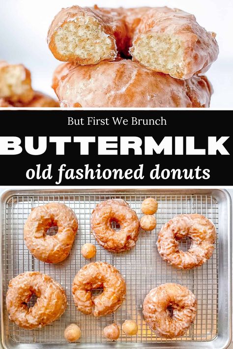 Old fashioned Buttermilk Donuts are crispy on the outside, ultra-fluffy on the inside, and are covered in a simple but delicious vanilla glaze. Easy to make and perfect for a few or a crowd. Buttermilk Donuts Old Fashioned Baked, Homemade Old Fashion Donuts Recipe, Old Fashioned Cake Donuts Recipe, Buttermilk Donuts Old Fashioned, Baked Buttermilk Donuts Recipe, Donuts Old Fashioned, Uses For Buttermilk, Old Fashioned Donut Recipe, Old Fashioned Doughnuts Recipe