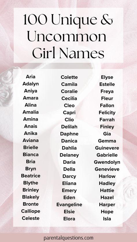 100+ uncommon baby girl name ideas with meanings. Find the perfect rare and unique girl name that are totally underused with our list of 100 gorgeous, uncommon girls names. Click through for the full list! Unique baby names for 2024, unique girl names, cute girl names, pretty girl names Name Ideas For Girls Unique, Full Name Ideas Girl, Good Names For Girls, List Of Last Names, Pretty Girl Names List, Cute Girl Names List, Girl Name Ideas Unique, Cute Baby Names Unique List, Unique Girl Names List