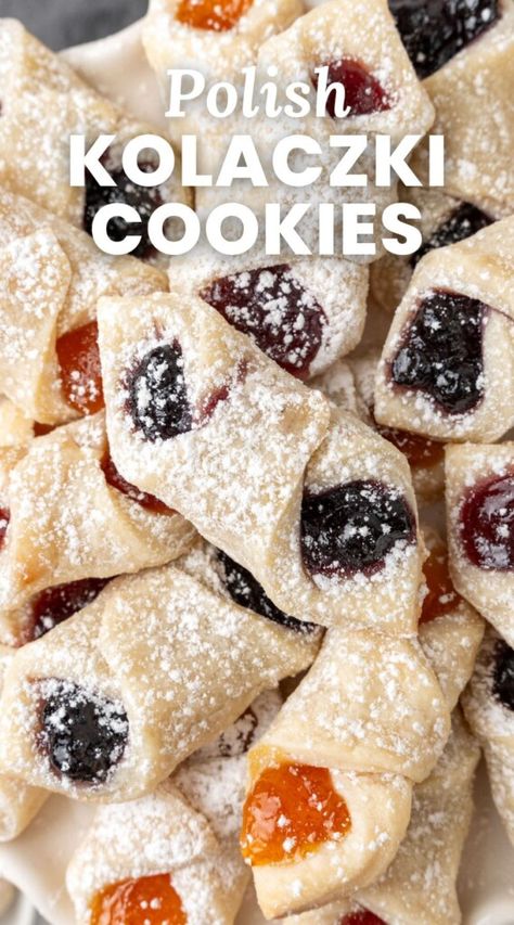 Kolaczki - Polish Cookies Polish Recipes Authentic Desserts, Baked Paczki Recipe Polish, Polish Angel Wings-chrusciki, Polish Kolache Recipe, Klochkies Cookies Polish, Easy Kolacky Cookies, Wondra Flour Recipes, Nut Filling For Kolacky, Fruit Kolaches Recipes