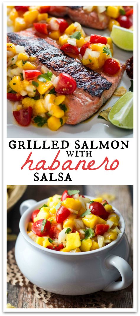 Sweet mangoes temper the hot habanero salsa in this flavorful grilled salmon recipe! Habanero Recipes, Tropical Salsa, Mango Habanero Salsa, Grilled Salmon Recipe, Mango Salsa Salmon, Habanero Salsa, Recipe Salmon, Grilled Salmon Recipes, Healthy Fish