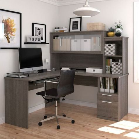 Sutton L-Shaped Desk w/Hutch 63"W by Bestar | OfficeFurniture.com Daycare Office, L Shaped Office Desk, Cheap Office Furniture, L Shaped Executive Desk, L Shape Desk, Frosted Glass Door, Filing Cabinets, L Shaped Desk, Home Office Setup