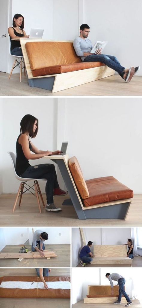 This tutorial for a DIY modern couch teaches you how to create a couch with a wood frame and leather cushions that also doubles as a desk. Koti Diy, Diy Projects Plans, Diy Couch, Modern Couch, Diy Sofa, Pallet Ideas, Diy Furniture Couch, Teds Woodworking, Diy Furniture Projects