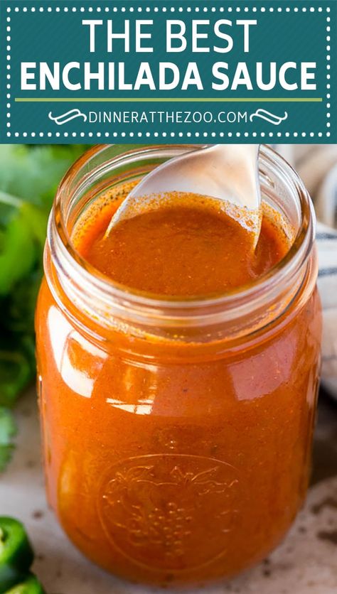 This homemade enchilada sauce is a blend of chili powder, chicken broth, seasonings and tomato, all simmered together to create a rich and hearty sauce. Best Enchilada Sauce, How To Make Enchiladas, Enchilada Sauce Easy, Best Enchiladas, Mexican Sauce, Recipes With Enchilada Sauce, Red Enchiladas, Easy Enchiladas, Homemade Enchilada Sauce