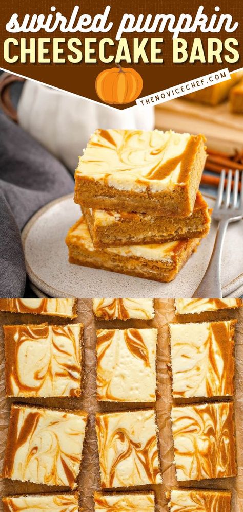 Swirled Pumpkin Cheesecake Bars, thanksgiving desserts, holiday baking recipes Halloween Squares Dessert, Pumpkin Cheesecake Swirl Bars, Pumpkin Deserts Easy, Pumpkin Cheesecake Bars Easy, Swirled Cheesecake, Pumpkin Cream Cheese Bars, Cheesecake Topping, Cheesecake Bars Easy, Bars Dessert