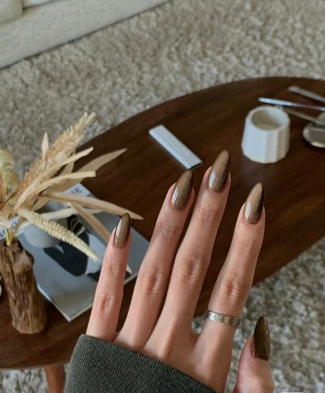 Taupe Nails, Brown Nail Polish, Brown Nails Design, Long Almond, Velvet Nails, Luxury Press On Nails, Almond Acrylic Nails, Soft Nails, Cat Eye Nails