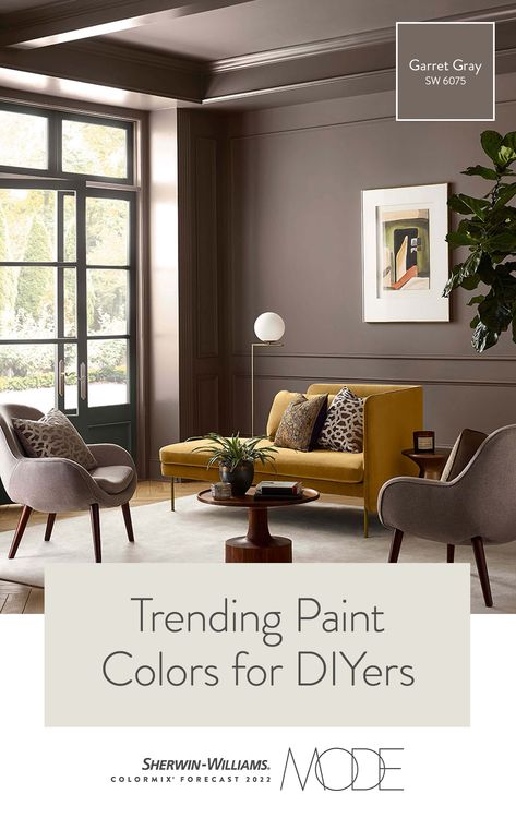 Are you a DIYer who wants to choose on-trend colors for your next painting project? Tap this pin to learn all about the Sherwin-Williams 2022 Colormix® Forecast featuring 40 unique colors across four distinct palettes, then get tips from our Director of Color Marketing, Sue Wadden, on how to use these hues in your home. #sherwinwilliams #colormixforecast #color #diy #design #paint #painting Sherwin Williams Settlement Paint, Sepia Paint Color, Sherwin Williams Garret Gray, Sherwin Williams Dusted Truffle, Best Paint Color For Small Living Room, Sherwin Williams Room Colors, Sherwin Williams Socialite, Castlegate Sherwin Williams, Brown Paint Dining Room