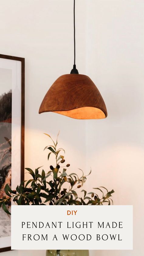 DIY Pendant Light Made From Wood Bowl Thrift Flip Light Makeover Wood Lamp Shade Diy, Diy Pendant Lamp Shade Ideas, Hanging Light Shade Diy, Diy Rustic Pendant Light, Hanging Wood Lamp, Diy Ceramic Lampshade, Diy Kitchen Pendant Lights, Diy Wooden Pendant Light, Pendant Light Diy Hanging