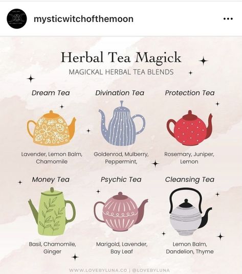 Tea Magick, Types Of Teas, Tea Magic, Tea Blends Recipes, Kitchen Witch Recipes, Tea Remedies, Dream Tea, Tea Cleanse, Healing Tea