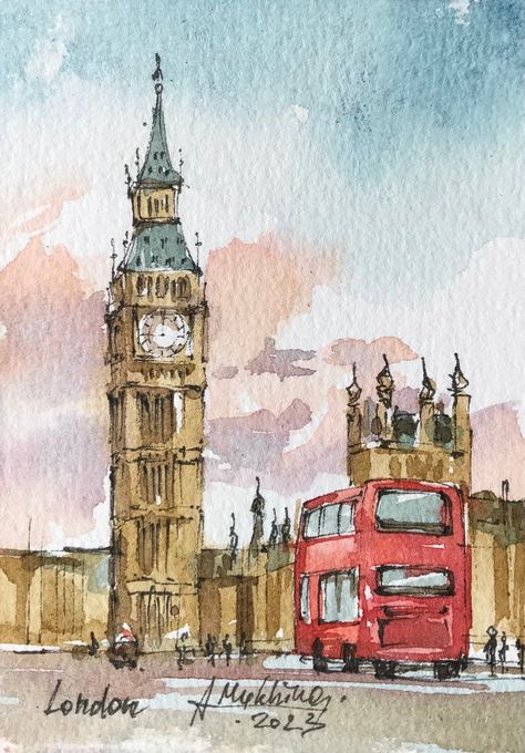 London painting ACEO Original watercolor England sketch Miniature... England Watercolor Painting, London Watercolor Paintings Easy, Watercolor Poster Ideas, London Watercolor Paintings, Watercolor Paintings Scenery Easy, Watercolour Sketchbook Ideas, Unique Watercolor Paintings Ideas, Watercolour Art Aesthetic, Urban Sketching Watercolors