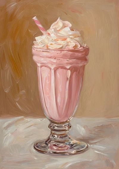 Aesthetic Food Painting, 50s Painting Vintage, Dessert Art Painting, Aesthetic Vintage Painting Ideas, Pink Diy Painting, Drink Art Drawing, Pink 50s Aesthetic, Milkshake Painting, Café Painting